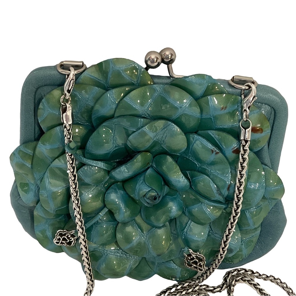 Brighton Roselie Green Layered Floral Design Long Silver Chain Kiss Lock Bag